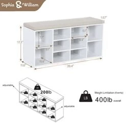 Sophia & William Shoe Bench With Cushion And 8 Compartments, Entryway Storage Bench Freestanding Shoe Cabinet Rack With Adjustable Shelves, Total Load Capacity: 400 Lbs (Top 200 Lbs), White -Safavieh Furniture 41eXa8KyE5L