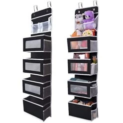Aeeteek 1 Pack Hanging Closet Organizer 5-Shelf Over The Door Shoe Organizer Wall Mount Storage Bag Containers 49.2 * 13 * 5.5 Inches Large Capacity Collapsible Shelves Drawers (Black)