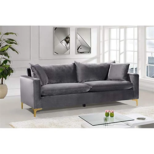 Meridian Furniture Naomi Collection Stainless 1 Modern | Contemporary Velvet Upholstered Sofa With Stainless Steel Base In A Rich Gold Or Chrome Finish, Grey 3 Meridian Furniture Naomi Collection Stainless 1 Modern | Contemporary Velvet Upholstered Sofa With Stainless Steel Base In A Rich Gold Or Chrome Finish, Grey - Image 3