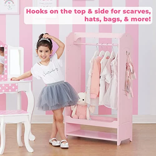 Teamson Kids - Windsor Wooden Dress Up Storage Kids Costume Organizer Center Open Hanging Armoire Closet Unit Furniture With Hooks And Mirror - Pink 3 Teamson Kids - Windsor Wooden Dress Up Storage Kids Costume Organizer Center Open Hanging Armoire Closet Unit Furniture With Hooks And Mirror - Pink - Image 3