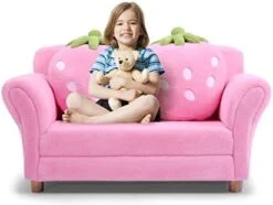 HONEY JOY Toddler Couch With Two Strawberry Pillows, Children Upholstered Loveseat Lounge Bed, Coral Fleece Surface & Studry Wood Frame, Double Seat Kid Sofa For Playroom Bedroom (Pink) -Safavieh Furniture 41eyMpgXTL. AC