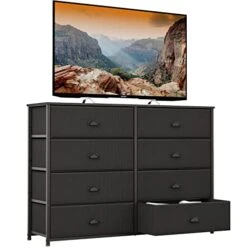Furnulem 8 Drawer Dresser Wide 40'' Long, Storage Chest Of Drawer For 50'' TV Stand, Closet, Bedroom, Nursery, Fabric Bins, Wooden Top Living Room Rustic Furniture (Black)