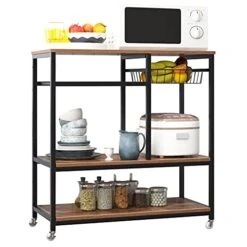 SogesPower Microwave Carts For Kitchen With Storage 3 Tier Rolling Bakers Rack Utility Kitchen Serving Cart On Wheels Outdoor Bar Cart Coffee Station, Dark Brown