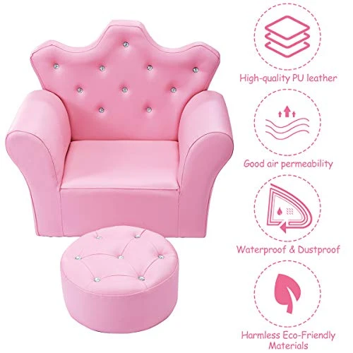 DORTALA Kids Sofa W/Ottoman, Pink Princess Couch W/Crown Shape & Embedded Crystal, PVC Leather Upholstered Armchair W/Solid Wooden Frame For Toddlers Girls, Lightweight Accent Chair, Pink 6 DORTALA Kids Sofa W/Ottoman, Pink Princess Couch W/Crown Shape & Embedded Crystal, PVC Leather Upholstered Armchair W/Solid Wooden Frame For Toddlers Girls, Lightweight Accent Chair, Pink - Image 6