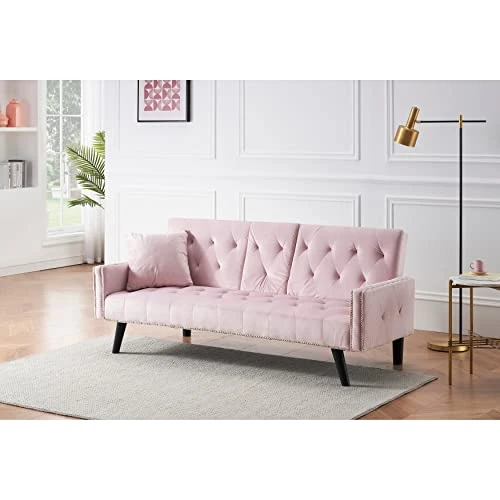 GENERIC 72" European Style Sofa Bed Velvetconvertible Futon Adjustable Backrest Loveseat With Nail Trim And Two Cup Holders Pink Casual Solid Velvet Manual Recline Nail S 2 GENERIC 72" European Style Sofa Bed Velvetconvertible Futon Adjustable Backrest Loveseat With Nail Trim And Two Cup Holders Pink Casual Solid Velvet Manual Recline Nail S - Image 2
