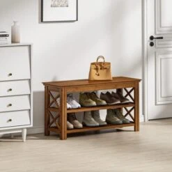 Bamworld Entryway Bench 5 Tier Wooden Storage Benches Rustic Solid Wood Shoe Rack (X-Brown,23.6") -Safavieh Furniture 41fboldf44L. AC