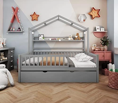 Melpomene Full House Bed With Trundle And Shelf,for Toddlers, Teens, Girls, Boys, Kids House Bed Frame Can Be Decorated (White) 6 Melpomene Full House Bed With Trundle And Shelf,for Toddlers, Teens, Girls, Boys, Kids House Bed Frame Can Be Decorated (White) - Image 6