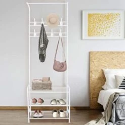 Bigzzia Coat Rack, 3 In 1 Metal Hall Tree With 8 Removable Hooks Handy Clothes Rail, Coat Rack FreeStanding With Shoe Storage Bench For Entryway Living Room Bedroom, White -Safavieh Furniture 41fqIZfF8uL. AC