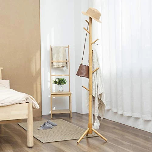 C&AHOME Bamboo Coat Rack Stand With 8 Hooks, Wooden Coat Tree Adjustable Sizes, Entryway Hall Tree Free Standing Coat Hanger Stand For Hat, Bag, Clothes, Jacket, Natural 2 C&AHOME Bamboo Coat Rack Stand With 8 Hooks, Wooden Coat Tree Adjustable Sizes, Entryway Hall Tree Free Standing Coat Hanger Stand For Hat, Bag, Clothes, Jacket, Natural - Image 2