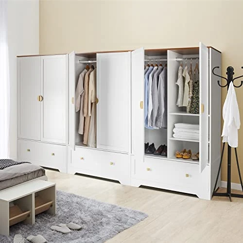 Wide White Armoire Wardrobe Closet With Hanging Rod, Shelves And Drawer, Freestanding Closet Wardrobe Cabinet For Hanging Clothes, Armoires And Wardrobes With Doors For Bedroom, Kids' Room Dorm 1 Wide White Armoire Wardrobe Closet With Hanging Rod, Shelves And Drawer, Freestanding Closet Wardrobe Cabinet For Hanging Clothes, Armoires And Wardrobes With Doors For Bedroom, Kids' Room Dorm
