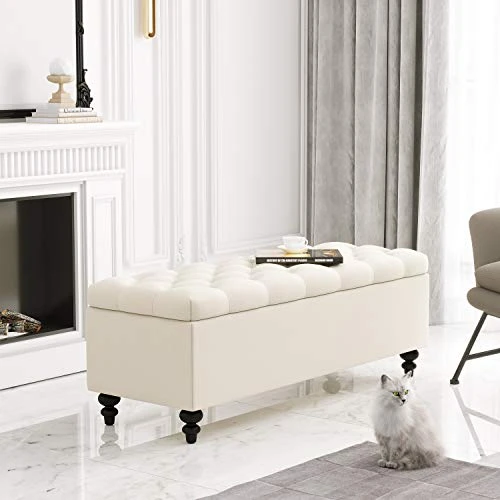 HUIMO Ottoman With Storage, 51-inch Storage Ottoman Bench With Button-Tufted, Bedroom Bench Safety Hinge Ottoman In Upholstered Fabrics, Large Storage Bench For Bedroom, Living Room (Ivory) 2 HUIMO Ottoman With Storage, 51-inch Storage Ottoman Bench With Button-Tufted, Bedroom Bench Safety Hinge Ottoman In Upholstered Fabrics, Large Storage Bench For Bedroom, Living Room (Ivory) - Image 2