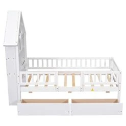 Twin Bed Frame With Storage Drawers, House Twin Platform Bed With Bookcase Headboard, Twin Low Loft Bed With Fence For Kids, Girls, Boys, Teens, No Box Spring Needed (White) -Safavieh Furniture 41gHFbpkqzL 1