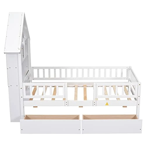MERITLINE Twin Size Platform Bed With Drawer Wood Storage Bed Frame With House-Shaped Bookcase Headboard and Fence Guardrails For Kids,Boys,Girls(White) 6 MERITLINE Twin Size Platform Bed With Drawer Wood Storage Bed Frame With House-Shaped Bookcase Headboard and Fence Guardrails For Kids,Boys,Girls(White) - Image 6