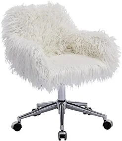 KCC Fluffy Office Desk Chair, Faux Fur Modern Swivel Armchair With Wheels, Soft Comfy Fuzzy Elegant Accent Makeup Vanity Chairs For Women Girls, Home Living Dressing Room Bedroom, Black -Safavieh Furniture 41gSYe4H4VL. AC