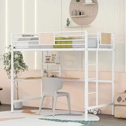 Harper & Bright Designs Full Size Loft Bed With Desk, Heavy Duty Metal Loft Bed Full With Shelves, Full Loft Bed Frame For Kids,Teens, No Box Spring Needed,Silver -Safavieh Furniture 41gddBbB9qL. AC
