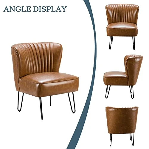 HULALA HOME Faux Leather Accent Chairs Set Of 2 With Metal Base, Mid Century Modern Living Room Chairs, Comfy Upholstered Armless Side Chairs For Bedroom, Camel 3 HULALA HOME Faux Leather Accent Chairs Set Of 2 With Metal Base, Mid Century Modern Living Room Chairs, Comfy Upholstered Armless Side Chairs For Bedroom, Camel - Image 3