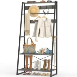 Unikito Coat Rack, 3-in-1 Hall Tree With Storage Shoe Rack, Freestanding Entryway Bench With Shelves, Industrial Entry Coat Stand With Metal Frame For Entrance, Foyer, Bedroom, Easy Assemble, Gray