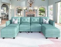 LLappuil Modular Sectional Sofa With Storage, Faux Leather Fabric 7 Seater Modular Sofa With Reversible Chaise, 112 Inch Convertible U Shape Sectional Couch With Ottomans, Aqua Blue -Safavieh Furniture 41gzJhtMRRL. AC