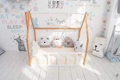 BUSYWOOD House Bed For Kids - Toddler House Frame Montessori Crib, Twin, Full, Queen Bed, N.WOOD+WHITE (FLOOR BED FOR SLEEPING ONLY) -Safavieh Furniture 41hTJTNAOcL