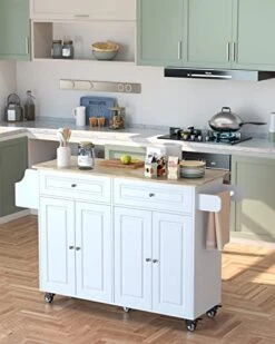 Qsun Kitchen Island On Wheels Kitchen Cart With Rubber Wood Top, Mobile Kitchen Island With Double Storage Cabinet And Drawers, Island Table For Kitchen (White) -Safavieh Furniture 41huohJsNYL