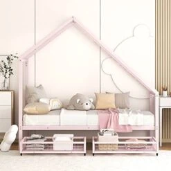 Quarte Metal Twin Size House Bed With Two Storage Drawers,Platform Bed With Roof And Slat Support,for Kid Teens Boys Girls Bedroom Use (Pink#e, Twin) -Safavieh Furniture 41i6JUjPcHL