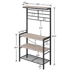 HOOBRO Kitchen Baker's Rack, Kitchen Microwave Oven Stand With High Display Shelf, 2 Wooden Shelves And Mesh Panel, Kitchen Island Rack With 6 Hooks, Adjustable Feet, Greige And Black BG01HB01 -Safavieh Furniture 41i7I88LH7L