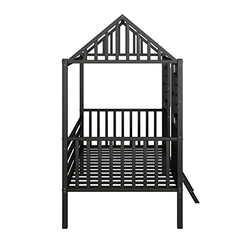 MERITLINE House Bed Twin Kids Bed Metal Frame, Low Loft Bed Twin Platform Bed With Roof, No Box Spring Needed, For Girls Boys - Black 3 MERITLINE House Bed Twin Kids Bed Metal Frame, Low Loft Bed Twin Platform Bed With Roof, No Box Spring Needed, For Girls Boys - Black - Image 3