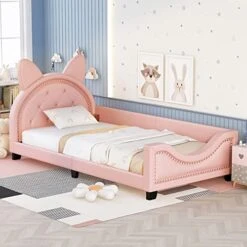 Harper & Bright Designs Twin Size Upholstered Daybed With Carton Ears Shaped Headboard For Kids Boys Girls, Pink