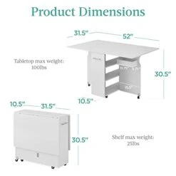 Best Choice Products Folding Dining Table, Multipurpose Collapsible Drop Leaf Extension, Versatile Space Saving Desk Furniture W/Wheels, 3 Storage Shelves, Metal Handle - White -Safavieh Furniture 41ikKcwRScL