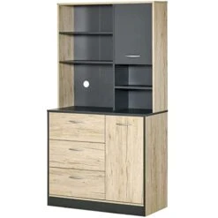 TREXD 67" Freestanding Buffet, Kitchen Storage Cabinet With 3 Drawers, Cable Management, 4 Cubbies And 2 Cabinets.