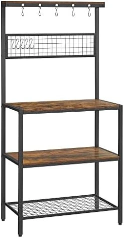 VASAGLE Bakers Rack, Coffee Bar, Kitchen Storage Shelf Rack With 10 Hooks, 3 Shelves, Adjustable Feet, For Microwave Oven, 15.7 X 33.1 X 66.9 Inches, Industrial, Greige And Black UKKS017B02 -Safavieh Furniture 41iolksGeL. AC