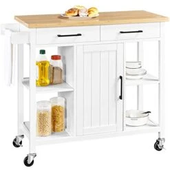 Yaheetech Kitchen Island On Lockable Wheels, Kitchen Trolley Cart With 2 Drawers And Adjustable Shelves And Towel Bar, Large Bamboo Countertop, 38.5x18x36 Inches, White