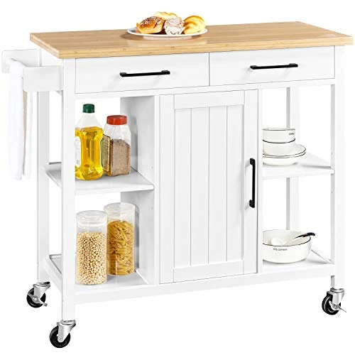 Yaheetech Kitchen Island On Lockable Wheels, Kitchen Trolley Cart With 2 Drawers And Adjustable Shelves And Towel Bar, Large Bamboo Countertop, 38.5x18x36 Inches, White 1 Yaheetech Kitchen Island On Lockable Wheels, Kitchen Trolley Cart With 2 Drawers And Adjustable Shelves And Towel Bar, Large Bamboo Countertop, 38.5x18x36 Inches, White