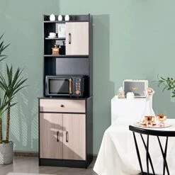 Giantex Pantry Organization And Storage, Tall Buffet Hutch Cabinet With Drawer Cabinet Shelf, High Cupboard Sideboard, Stationary Microwave Stand, Wood Countertop (Black & Natural) -Safavieh Furniture 41jB4UgUUJL