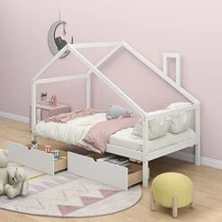 House Bed With Trundle, Twin House Bed For Kids, Wooden Platform Bed Frame With Headboard And Roof, For Girls Boys (Twin Size, White) 26 House Bed With Trundle, Twin House Bed For Kids, Wooden Platform Bed Frame With Headboard And Roof, For Girls Boys (Twin Size, White) -Safavieh Furniture 41jFNEk7QeS. AC