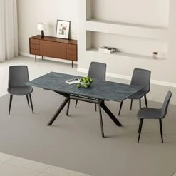 Jiexi Extendable Dining Table, Rectangular MDF Slate Stone Color Top With Steel Legs For 6-8 People, Modern Indoor Extendable 55'' To 71'' Dining Kitchen Table For Kitchen Room, Dining Room -Safavieh Furniture 41jPN0GjlzL. AC