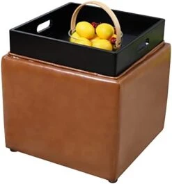 PRIVATE GARDEN Square Storage Ottoman With Tray, Faux Leather Upholstered Footrest Stool, Seat As Side Table Coffee Table For The Living Room, Bedroom, Contemporary (Black Brown/Dark Brown) -Safavieh Furniture 41jUKX 2v7L. AC