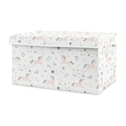 Sweet Jojo Designs Unicorn Girl Small Fabric Toy Bin Storage Box Chest For Baby Nursery Or Kids Room - Blush Pink Grey And Gold Flowers And Stars