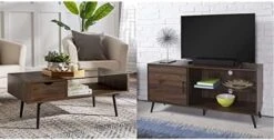 Walker Edison Montclair Mid Century Modern Two Toned 1 Drawer Coffee Table, 42 Inch, Glass And Dark Walnut & Theo Mid Century Modern 2 Door Asymmetrical Glass Shelf Buffet, 44 Inch, Dark Walnut -Safavieh Furniture 41jl7yTj5UL. AC
