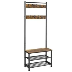 Yaheetech Metal Hall Tree With Shoe Storage Bench Entryway Coat Rack With 2 Shoe Shelves & 9 Movable Hooks, Rustic Brown