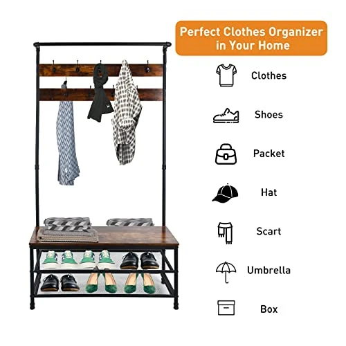 ECOMEX Entryway Coat Rack With Shoe Storage,Hall Tree With Bench And Shoe Storage,3-Tier Storage Shelf And 9 Hooks,37.8 * 14.4 * 73.5 Inches,3-in-1 Hall Tree Shoe Rack For Entryway (Rustic Brown) 6 ECOMEX Entryway Coat Rack With Shoe Storage,Hall Tree With Bench And Shoe Storage,3-Tier Storage Shelf And 9 Hooks,37.8 * 14.4 * 73.5 Inches,3-in-1 Hall Tree Shoe Rack For Entryway (Rustic Brown) - Image 6