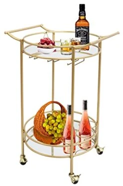 Round Gold Rolling Bar Cart With 2 Mirror Shelves, Wine Rack And Lockable Casters, Suitable For Home Kitchen, Club, Living Room, Thanksgiving, Christmas, New Year, 22"X18"X33"