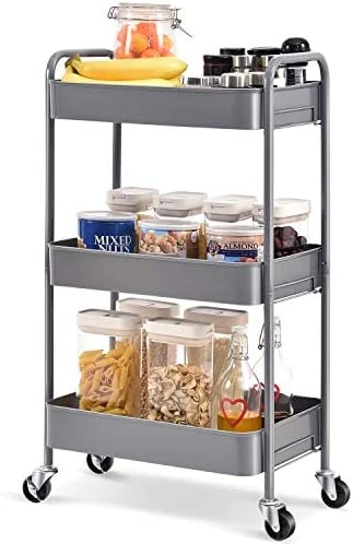 TOOLF 3-Tier Rolling Cart, Metal Utility Cart With Lockable Wheels, Storage Craft Art Cart Trolley Organizer Serving Cart Easy Assembly For Office, Bathroom, Kitchen, Kids' Room, Classroom (White) 5 TOOLF 3-Tier Rolling Cart, Metal Utility Cart With Lockable Wheels, Storage Craft Art Cart Trolley Organizer Serving Cart Easy Assembly For Office, Bathroom, Kitchen, Kids' Room, Classroom (White) - Image 5