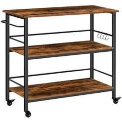 HOOBRO Kitchen Island With Storage,Industrial Kitchen Counter With Hooks And Side Enclosures, 3 Tier Kitchen Cart With Large Workstation, Saving Space, Easy Assembly, Rustic Brown And Black BF03ZD01
