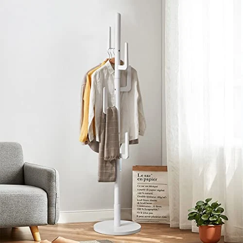 TinyTimes Wooden Coat Rack Free Standing, Cactus Shape, Sturdy Rustic Hall Tree Coat Tree Coat Hanger With 6 Hooks, For Coat, Hat, Clothes, Scarves, Handbags, Umbrella - White 2 TinyTimes Wooden Coat Rack Free Standing, Cactus Shape, Sturdy Rustic Hall Tree Coat Tree Coat Hanger With 6 Hooks, For Coat, Hat, Clothes, Scarves, Handbags, Umbrella - White - Image 2