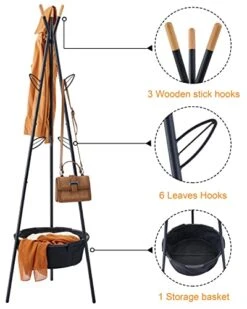 Tajsoon Coat Rack, Freestanding Coat Hanger With Fabric Storage Basket And 6 Leaves Hooks,Hall Tree Stand For Coats, Hats, Scarves, Clothes, Handbags,Black -Safavieh Furniture 41kU7UVp5CL