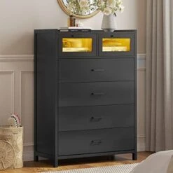 VIAGDO Black Dresser With 6 Drawers, Dressers & Chests Of Drawers With LED Lights, Wood Drawer Chest With Visual Drawer, Modern Large Capacity Storage Cabinet Dresser For Bedroom, Entryway, Closet -Safavieh Furniture 41kW 2Qy7XL. AC 1