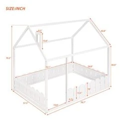 Kids House Beds, Full Floor Bed With Fence Wood Cabin Bed Frame Can Be Decorated For Teens, Girls, Boys, Adults, White