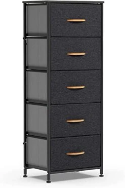 WAYTRIM Dresser Storage Tower, 5 Fabric Organizer Drawers, Wide Chest Of Drawers For Closet Boys & Girls Bedroom, Bedside Furniture, Steel Frame, Wood Top, Fabric Bins, Easy Installation (Dark Grey)