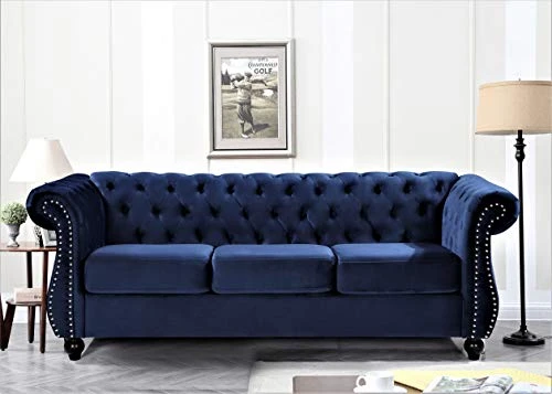 Container Furniture Direct Feinstein Modern Velvet Chesterfield Couches For Living Room With Nailheads, Diamond Tufting & Durable Metal Frame, Loveseat, Sofa, Dark Blue 3 Container Furniture Direct Feinstein Modern Velvet Chesterfield Couches For Living Room With Nailheads, Diamond Tufting & Durable Metal Frame, Loveseat, Sofa, Dark Blue - Image 3